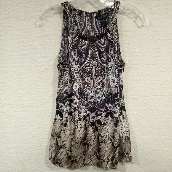 White House Black Market Women’s Black/Purple Silk Stretch Halter Neckline Sz 6 - Picture 3 of 16